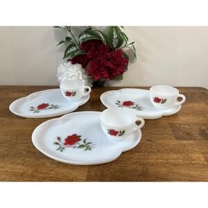 Three Vintage Federal Glass Rosecrest Red Rose Milk Glass Snack Sets Plates Cups
